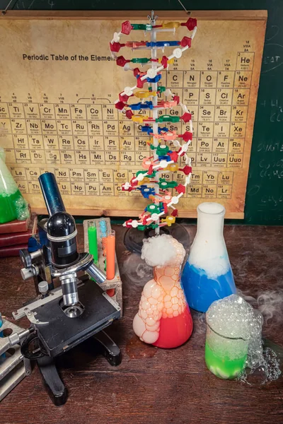 Χημικές Αντιδράσεις Πανεπιστημιακό Εργαστήριο Μικροσκόπιο Μαθήματα Χημείας Μικροσκόπιο Και Μοντέλο — Φωτογραφία Αρχείου