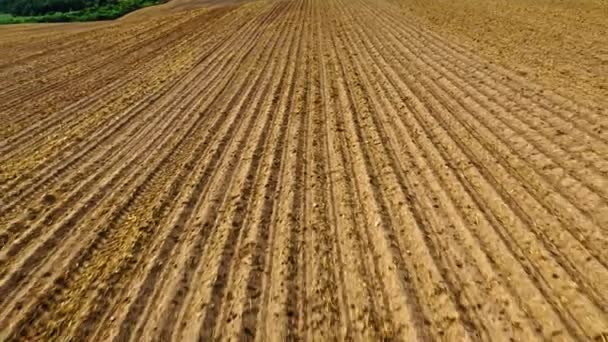 Aerial view of plowed field in countryside. — Stock Video