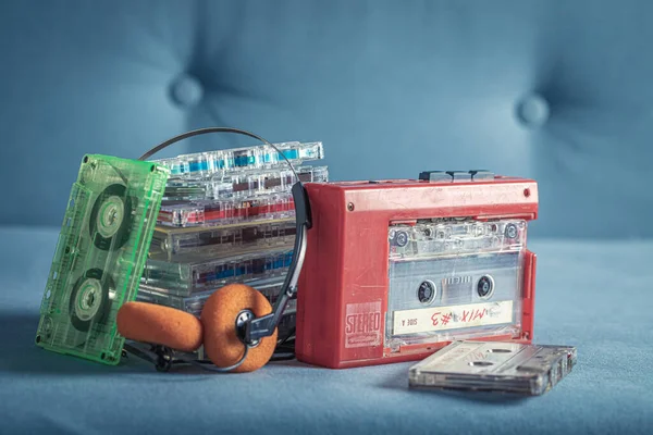 Transparent Audio Cassette Orange Headphones Player Cassette Audio Tapes Red — Stock Photo, Image