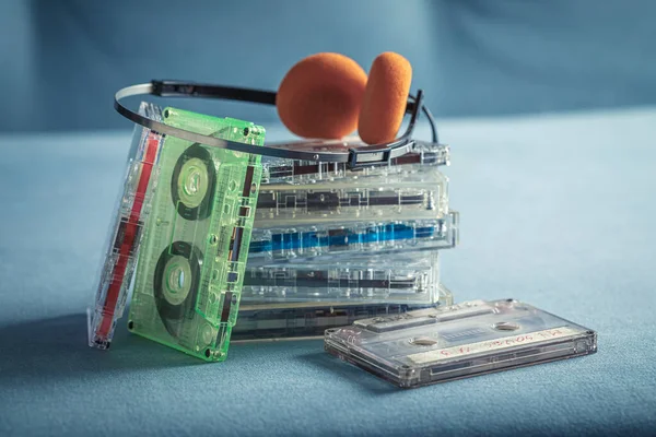 Old Pile Cassette Tapes Orange Headphones Cassette Audio Tapes Red — Stock Photo, Image