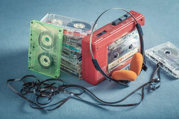 Old Cassette Tape Symbol Music Cassette Audio Tapes Red Player — Stock Photo, Image