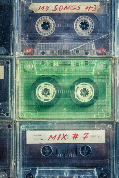 Transparent Cassette Tapes Arranged Grid Blue Sofa — Stock Photo, Image