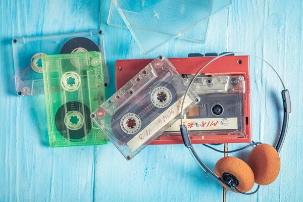 Vintage Audio Cassette Red Player Headphones Cassette Audio Tapes Red — Stock Photo, Image