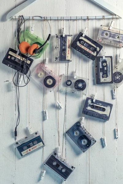 Several Old Cassette Tape Orange Headphones White Background — Stock Photo, Image