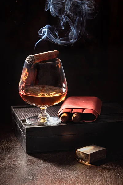 Noble Cognac Cigar Ice Old Distillery Bourbon Ice Glass Cigar — Stock Photo, Image