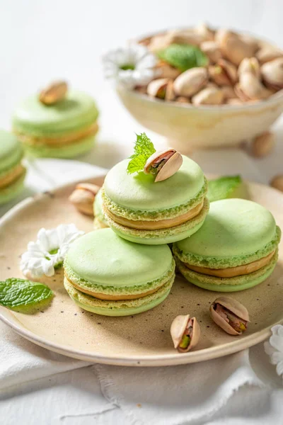 Homemade and sweet pistachio macaroons with spring flowers on plate. Sweet macaroons made of pistachios.