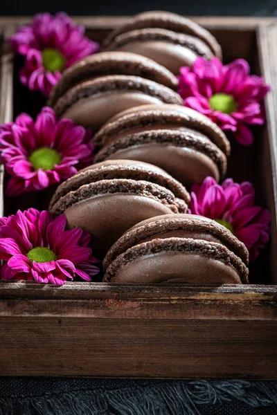 Macarons Chocolat Délicieux Frais Comme Petite Collation Macarons Rouges Faits — Photo