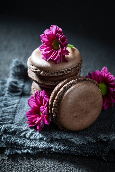 Dark Homemade Chocolate Macaroons Made Dark Cocoa Sweet Macaroons Made — Stock Photo, Image