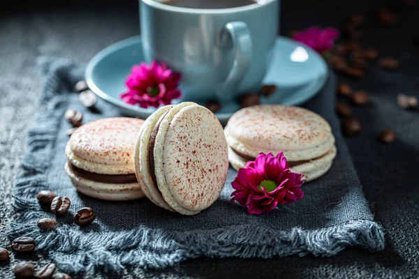 Lekkere Zoete Koffie Macarons Als Een Bruin Dessert Bruine Makarons — Stockfoto