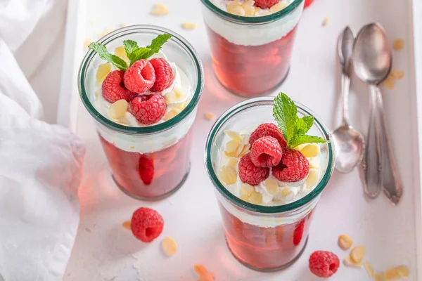 Homemade Red Jelly Raw Raspberries Whipped Cream Raspberries Jelly Whipped — Stock Photo, Image