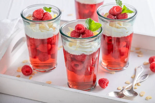 Sweet Red Jelly Made Berries Whipped Cream Red Jelly Raspberries — Stock Photo, Image