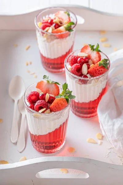 Sweet Fresh Red Jelly Raspberries Strawberries Cream Berries Jelly Whipped — Stock Photo, Image