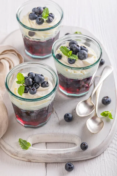Tasty Blue Jelly Refreshing Summer Dessert Blueberries Jelly Whipped Cream — Foto Stock