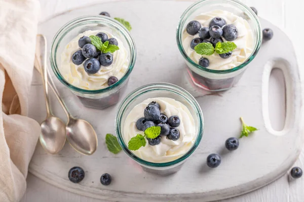 Delicious Blue Jelly Blueberries Cream Mint Blueberries Jelly Whipped Cream — Foto Stock