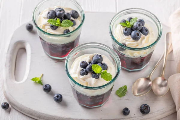 Delicious Blue Jelly Fruit Dessert Cream Blueberries Jelly Whipped Cream — Foto Stock