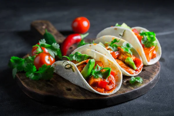 Tasty Vegetarian Tacos Small Colorful Appetizer Tacos Vegetables Mexican Snack — стокове фото