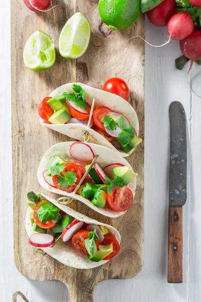 Delicious Homemade Tacos Quick Snack Party Mexican Tacos Made Vegetables — стокове фото