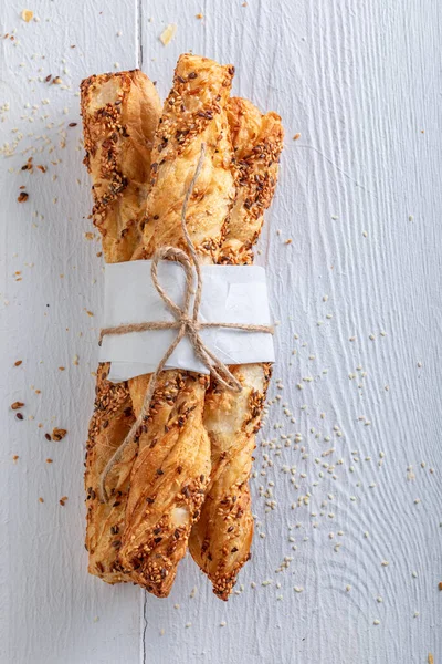 Golden Bread Sticks Baked Rustic Kitchen Grissini Made Bakery — стоковое фото