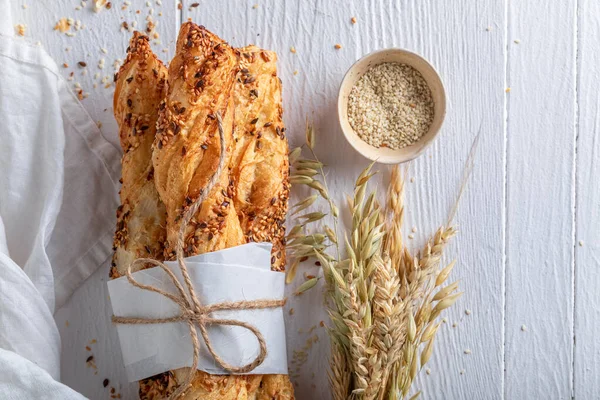 Homemade Bread Sticks Grains Sesame Seeds Homemade Grissini Bakehouse — Φωτογραφία Αρχείου