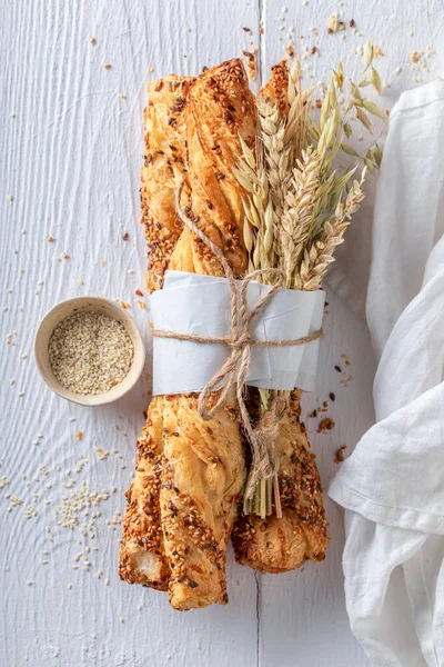 Golden Bread Sticks Table Rustic Kitchen Grissini Made Wheat Rye — Stock Fotó
