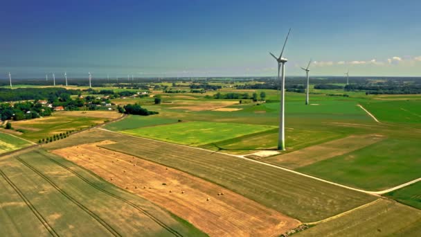 Turbina eólica no campo antes da colheita. Agricultura em Polonia. — Vídeo de Stock