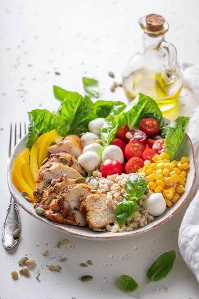 Salada César Colorida Versão Adequada Com Grumos Tigela Nutritiva Para — Fotografia de Stock