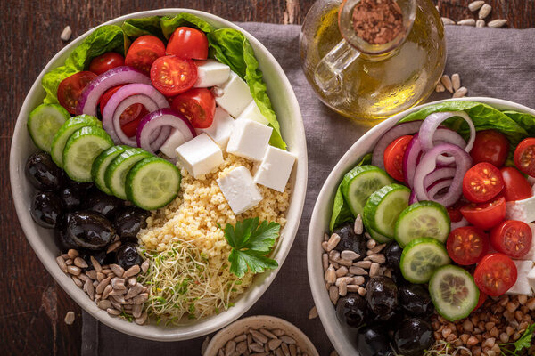 Fresh Greek Salad Groats Feta Cheese Vegetables Nutritious Bowl Fit Stock Photo