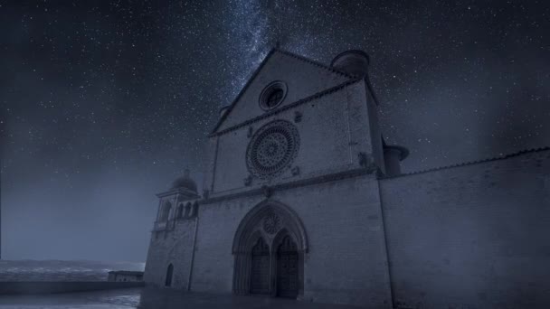 Timelapse Basilica Assisi Night Stars Umbria Italy — Stock Video