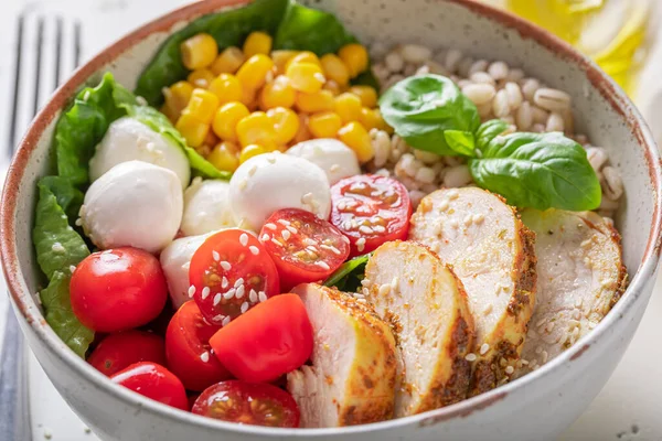 Colorful Caesar Salad Cheese Chicken Groats Nutritious Bowl Fit People — Stockfoto