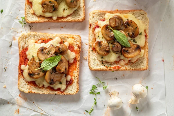 Tasty and crunchy toasts with mushrooms, olive oil and cheese. Toasts made with cheese and mushrooms.