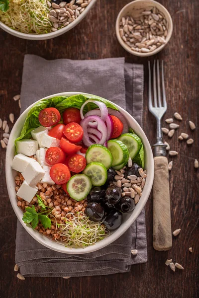 Colorful Greek Salad Alternative Version People Diet Nutritious Bowl Fit — стоковое фото