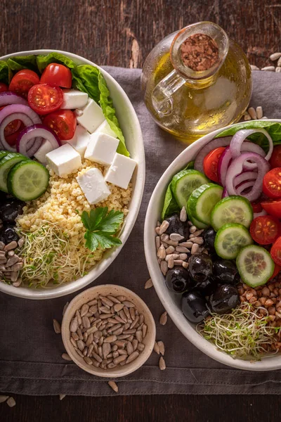 Fit Greek salad as a balanced meal for diet. Healthy bowls on a diet.