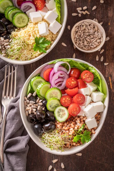 Fresh Greek Salad Vegetables Cheese Buckwheat Groats Healthy Bowls Diet — Fotografia de Stock