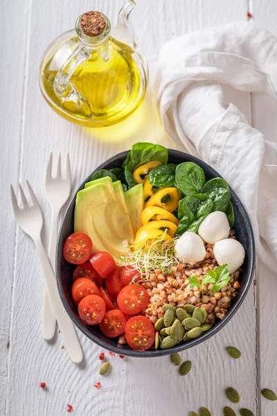 Fit Salad Groats Cheese Grains Vegetables Nutritious Bowl Fit People — Fotografia de Stock
