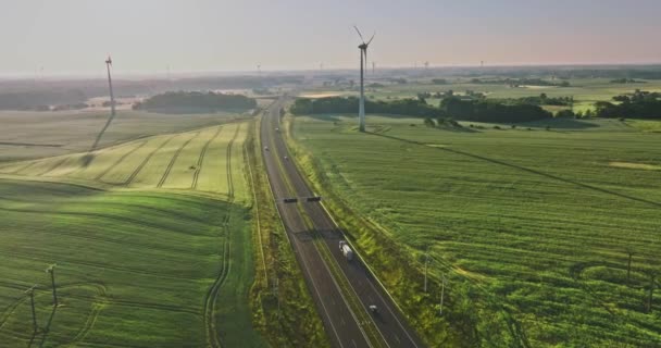Wind Turbines Highway Sunrise Aerial View Poland — Stock video