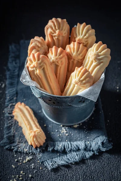 Delicious Sweet Tongues Cookies Crunchy Vanilla Snack Dark Table — Zdjęcie stockowe