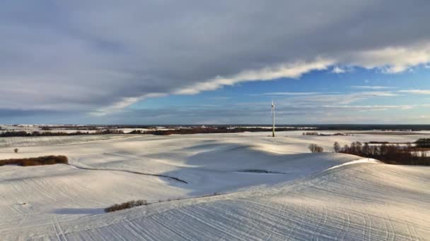 Wind Turbine Snowy Field Winter Alternative Energy Aerial View Nature — Vídeo de stock