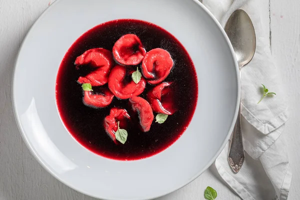 Delicious Spicy Beetroot Soup Served Dumplings Ukrainian Red Borsch Served — ストック写真