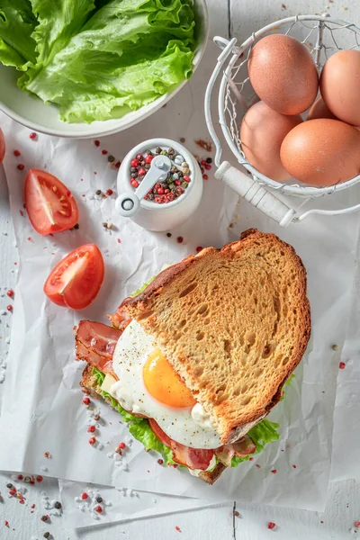 Homemade Crunchy Toasted Sandwich Egg Tomato Bacon Sandwich Eggs Bacon — Foto Stock