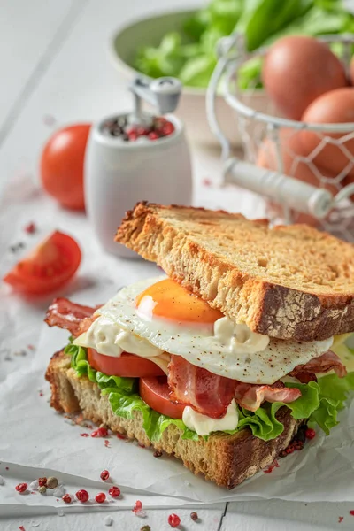 Tasty Homemade Toasted Sandwich Bacon Mayonnaise Egg Sandwich Eggs Bacon — ストック写真