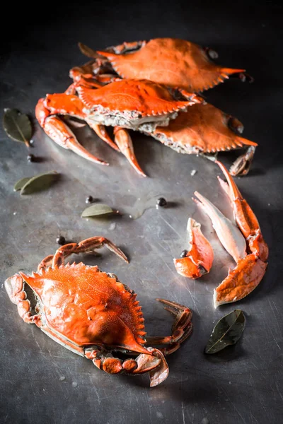 Ingredients Tasty Red Crabs Old Rustic Metal Pot Ingredients Boiling — Stock Photo, Image