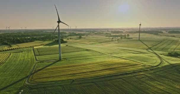 Wind Turbines Sunrise Green Field Aerial View Poland — Vídeo de Stock