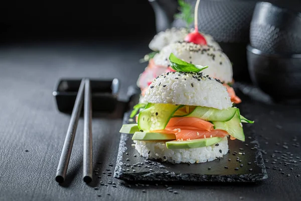 Healthy Tasty Sushi Burger Seafood Rice Japanese Appetizers Sushi Seafood — Foto Stock