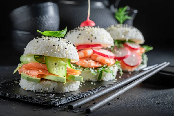 Unique Delicious Sushi Burger Seafood Rice Strone Plate Japanese Dessert — Zdjęcie stockowe