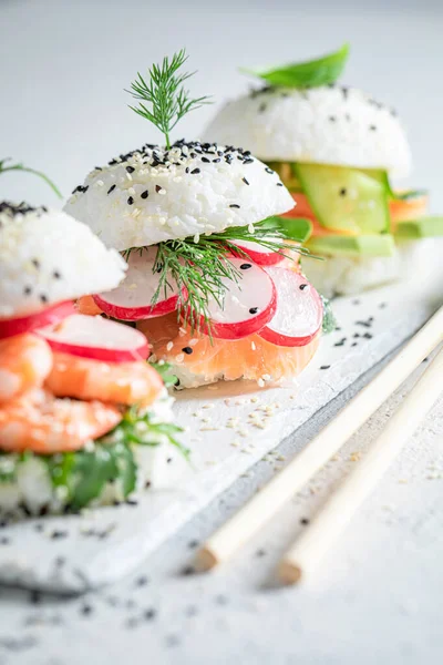 Healthy Tasty Sushi Burger Shrimps Fish Strone Plate Japanese Dessert — Zdjęcie stockowe