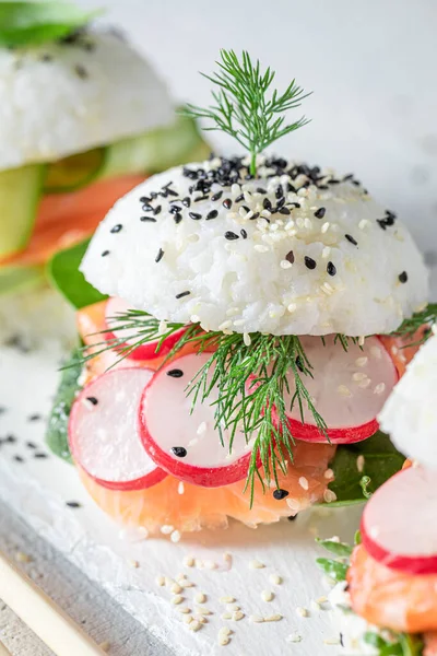 Unique Delicious Sushi Burger Avocado Salmon Japanese Appetizers Sushi Seafood — Stock Photo, Image