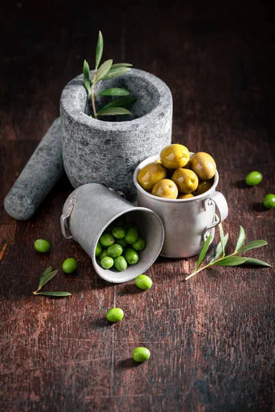 Green Tasty Olives Spanish Appetizer Preserves Made Olives —  Fotos de Stock