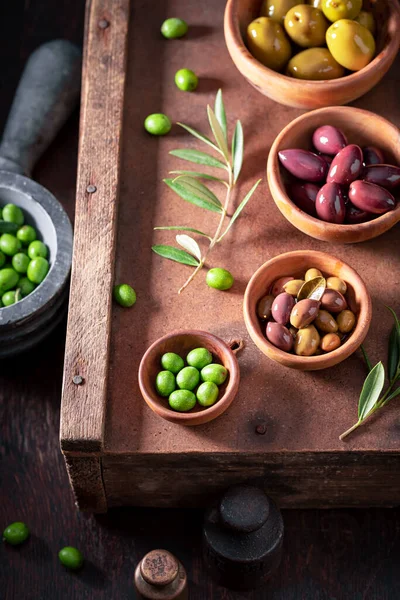 Various Types Olives Aromatic Olive Oil Products Made Olives — Stockfoto