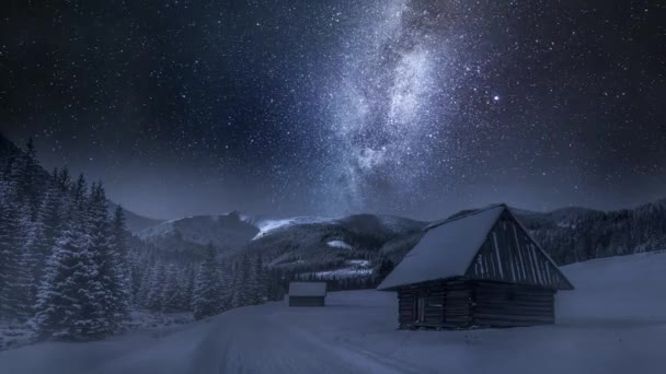 Milky Way Cottages Snowy Road Night Tatra Mountains — Stock Video