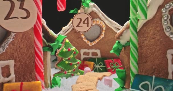 Gingerbread Cottage Cookies Candies Snow Trees Gingerbread Village Christmas Parallax — Stockvideo